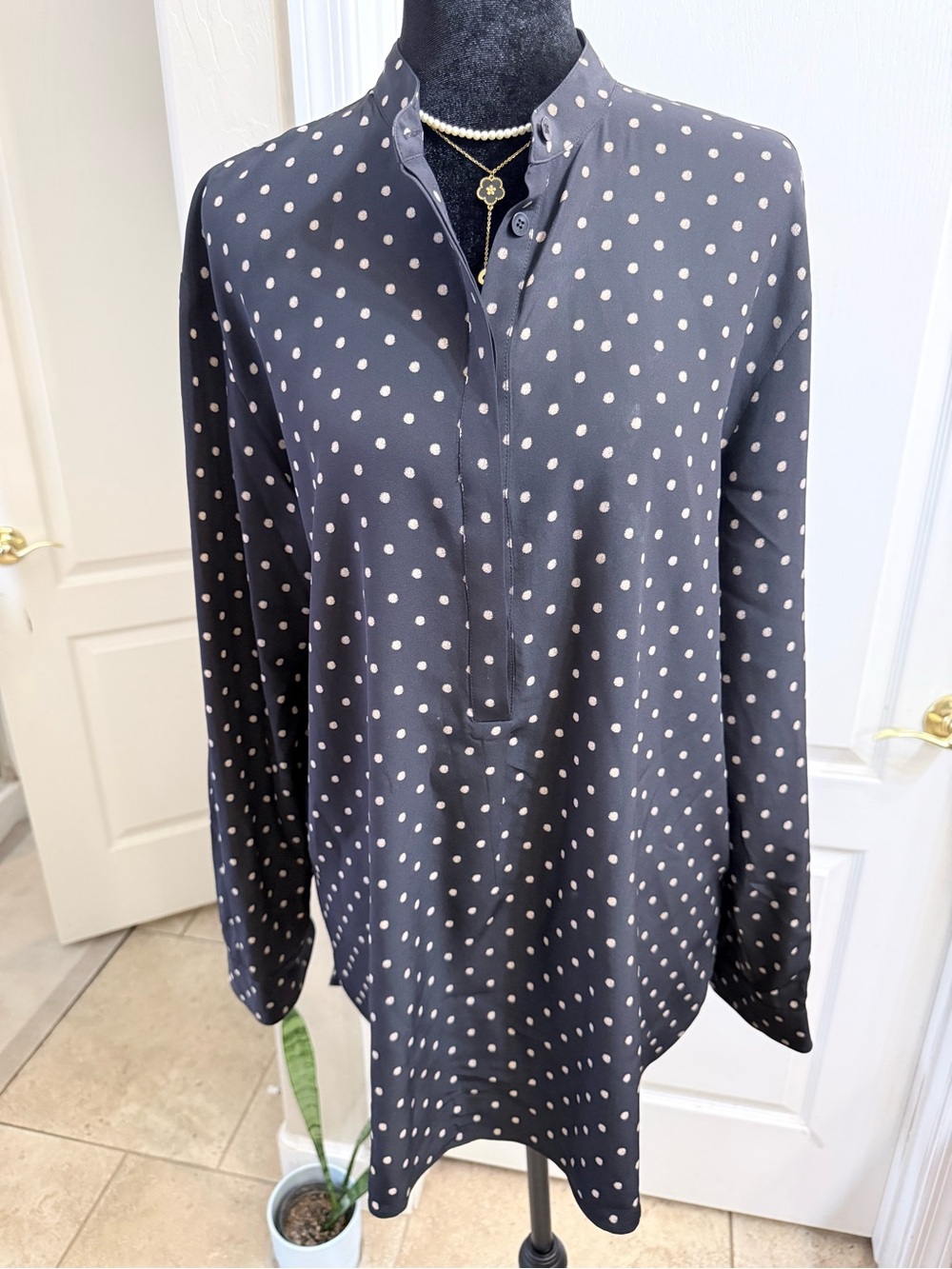 Tibi 100% Silk Black Long-Sleeve Polka Dot Button-Down Blouse Size S
